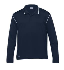 A navy long sleeve polo shirt with contrasting white piping and a logo on the chest.