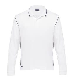 A long-sleeve white polo shirt with navy detailing and a logo on the hem. Suitable for casual wear.