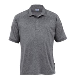 A grey melange polo shirt with short sleeves and a collar, featuring a logo on the chest.