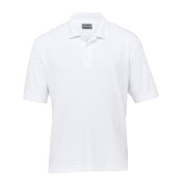 A white polo shirt with a collar and short sleeves, featuring a logo on the chest.