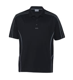 A black polo shirt featuring grey accents and a logo, designed for youth.