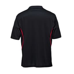 A black polo shirt with red accents and a logo, featuring a casual design suitable for youth.