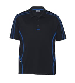 A black polo shirt with blue accents and a logo, featuring a classic collar and short sleeves.
