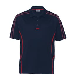 A navy polo shirt with red accents and a logo, featuring a collar and short sleeves.