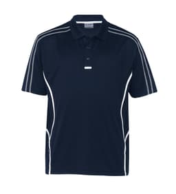 A navy blue polo shirt featuring white accents and stripes, designed with a collar and short sleeves.