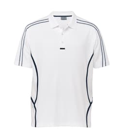 A white polo shirt featuring navy accents and a branding logo, designed for youth, with a sporty and modern style.