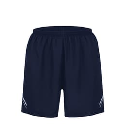 Navy sports shorts featuring an elastic waistband and a logo on the side.