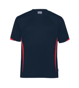 A navy T-shirt with red accents and a logo, designed for youth. It features a sporty style and a relaxed fit.