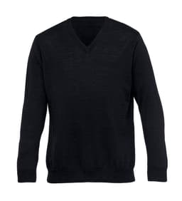 A black merino wool detailed Vee pullover for men, featuring long sleeves and a V-neck design.
