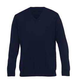 A dark navy Merino wool Vee pullover sweater featuring long sleeves and a classic fit.