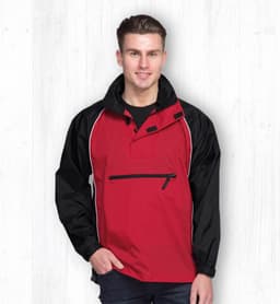 A red and black nylon jacket with a zippered pocket and a stand-up collar, featuring a logo.