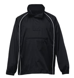 A black nylon jacket featuring white piping and a front zip pocket. It has a high collar and long sleeves.