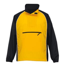 A nylon jacket featuring a bright yellow front and black sleeves, with a zippered pocket and a logo.