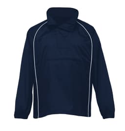 A navy Nylon Jac Pac jacket featuring a half-zip front and elastic cuffs. It has a logo on the front.
