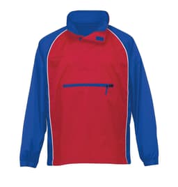 A red and blue Nylon Jac Pac jacket featuring a zippered pocket and a branding logo.