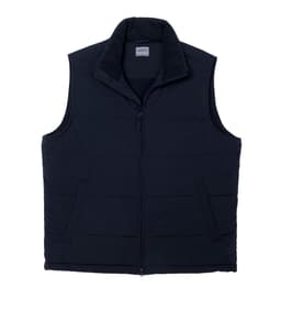 A navy blue men's vest with a zip front and a collar, featuring a logo on the chest area.