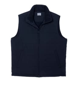 A navy blue men's vest featuring a zip front and a high collar, with a logo on the label.