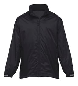 A black manager's jacket featuring a full zip and reflective accents on the sleeves. Includes branding.