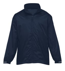 A navy jacket featuring a zip closure and reflective detailing. It has a simple design with no apparent logos.