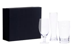 A set of three clear beer glasses in a black box, featuring distinct shapes and sizes for different beer styles.