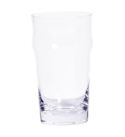A clear glass beer glass with a tall, straight shape and a solid base, featuring a simple design.