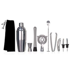 A stainless steel cocktail shaker set featuring a shaker, jigger, strainer, muddler, stirring spoon, corkscrew, tongs, and pour spouts.