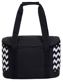 A cooler bag featuring a black and white chevron design with sturdy handles. It has a rounded top and a zip closure.