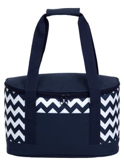 A round cooler bag featuring a navy blue and white chevron pattern with sturdy handles.