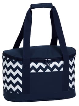 A cooler bag featuring navy and white chevron patterns, with sturdy handles and a zipped opening.