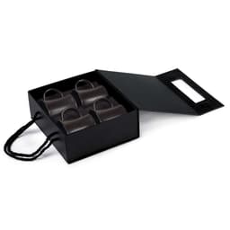 A black rectangular box containing four green espresso cups, with a handle, inside.