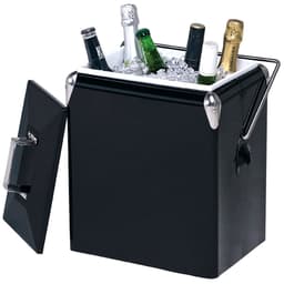A drink bottle cooler in sleek black, filled with various bottles and ice, featuring a shiny handle and lid.