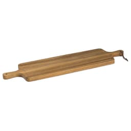 A wooden tapas serving board in a light brown tone with handles on either end.