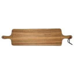 A wooden tapas serving board in a light brown finish, featuring handles and a hanging loop.