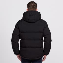 A black puffer jacket with a hood, featuring a quilted design and a visible logo on the back.