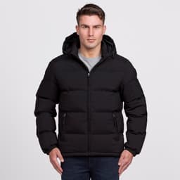 A black puffer jacket with a hood, featuring a zip front and side pockets, worn by a standing model.
