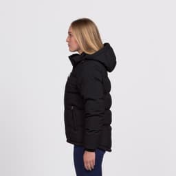 A black puffer jacket with a hood, featuring zipped pockets and a fitted silhouette, displayed on a model.