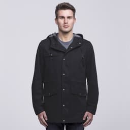 A black twill jacket featuring a hood and multiple pockets, with a grey lining. Includes branding.