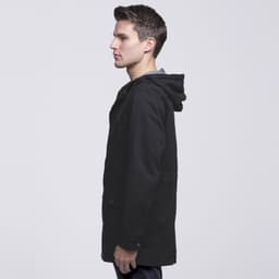 A black twill jacket featuring a hood, displayed on a model from the side, with a logo visible on the garment.