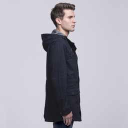 A navy twill jacket featuring a hood, side pockets, and a casual style, with branding visible.