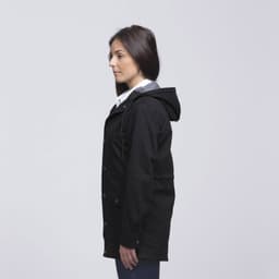 A black twill jacket with a hood, featuring a side view of a woman wearing it. The jacket has a logo.