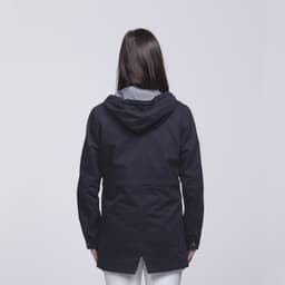 A navy twill jacket featuring a hood and grey lining, seen from the back. Includes a logo.