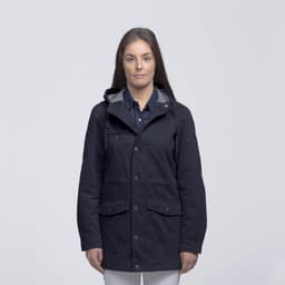 A navy twill jacket with a hood, featuring two front pockets and a grey-lined interior. It has a logo present.