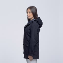 A navy blue twill jacket featuring a hood and pockets, displayed on a model from the side.