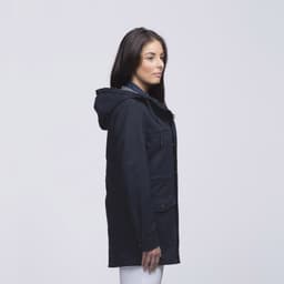 A navy twill jacket with a hood, featuring pockets and a simple design, shown on a model from the side.