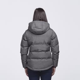A grey puffer jacket with a hood, featuring a fitted design and visible branding, seen from the back.
