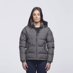 A puffer jacket in grey, featuring a hood and a zip front, worn by a model against a plain background.