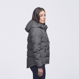 A grey puffer jacket with a hood, featuring a side view of a person wearing it. The jacket has a logo.