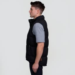 A black puffa vest is displayed on a model from the side, featuring a zip pocket and a logo.