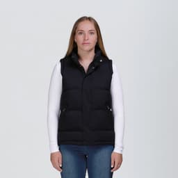 A black puffa vest with two zippered pockets, featuring a high collar and a fitted design.