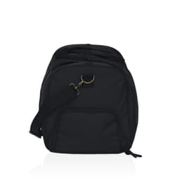 A black duffle bag with a single shoulder strap and zip closure, featuring a front pocket and a logo.
